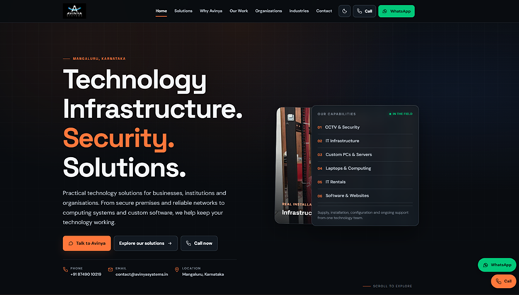 Screenshot of the live Avinya Systems business website