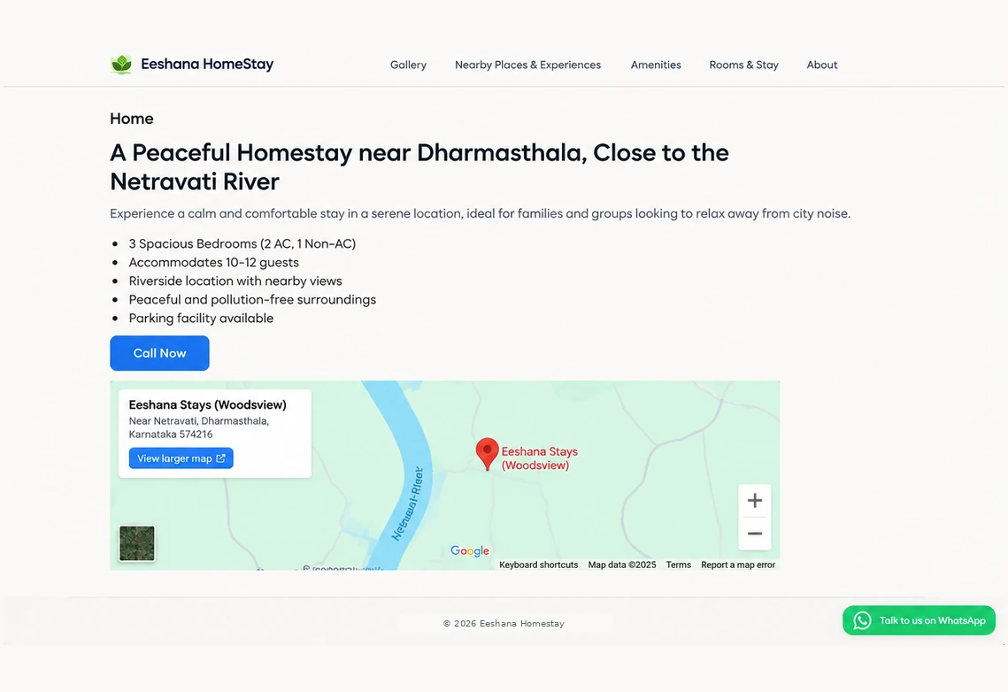 Screenshot of the live Eeshana Stays homestay website