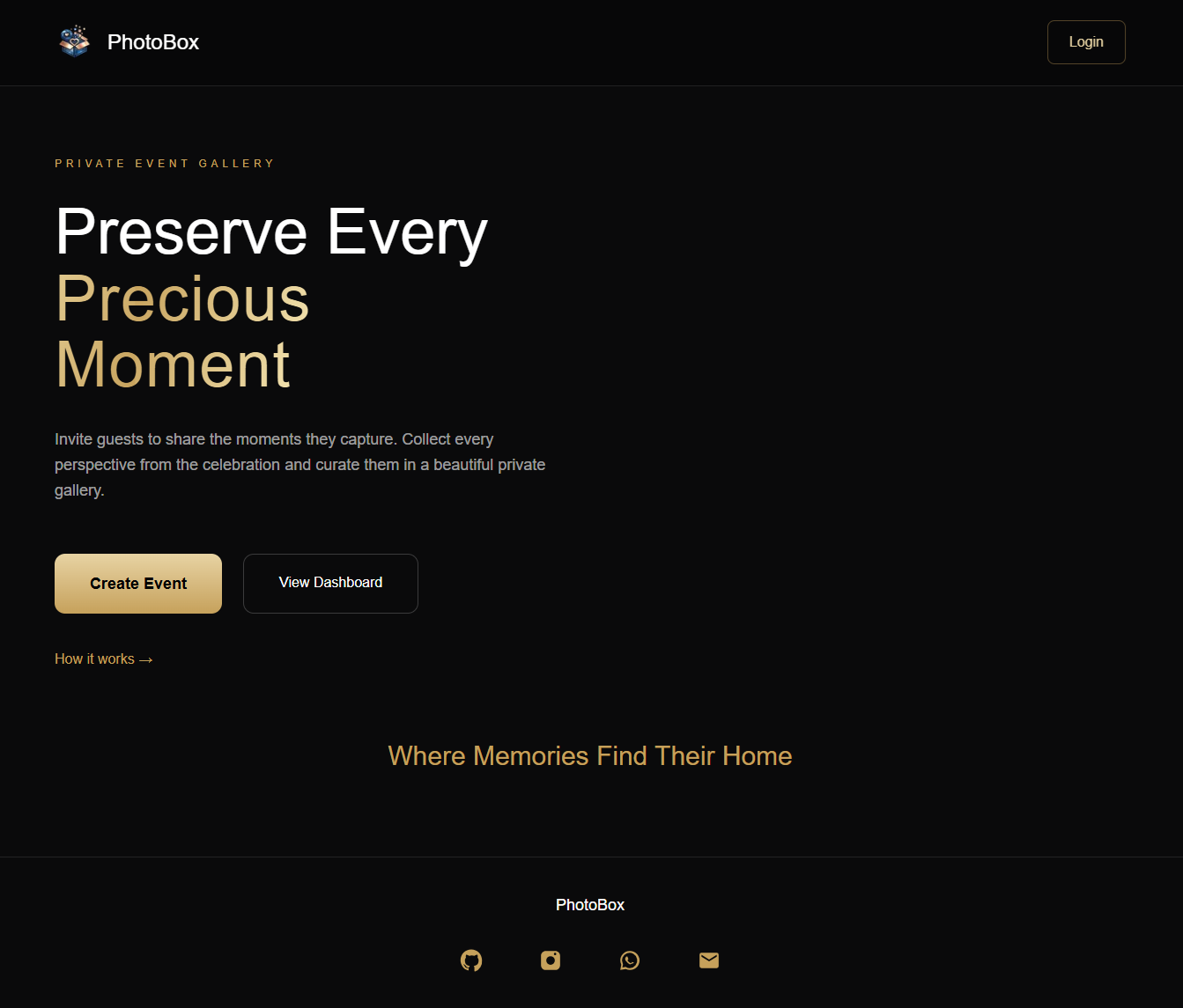 Live PhotoBox private event gallery homepage screenshot